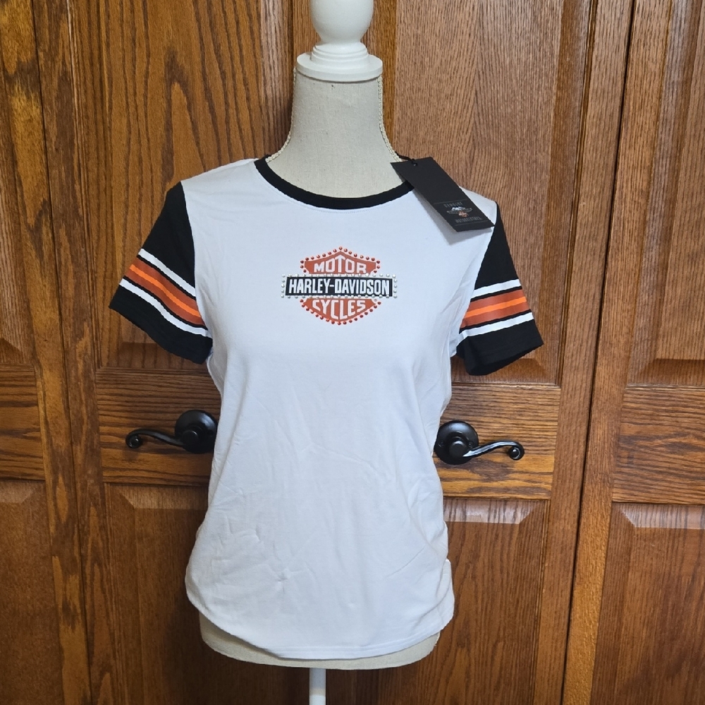 Harley-Davidson Women's White Tee with Black and Orange Accents